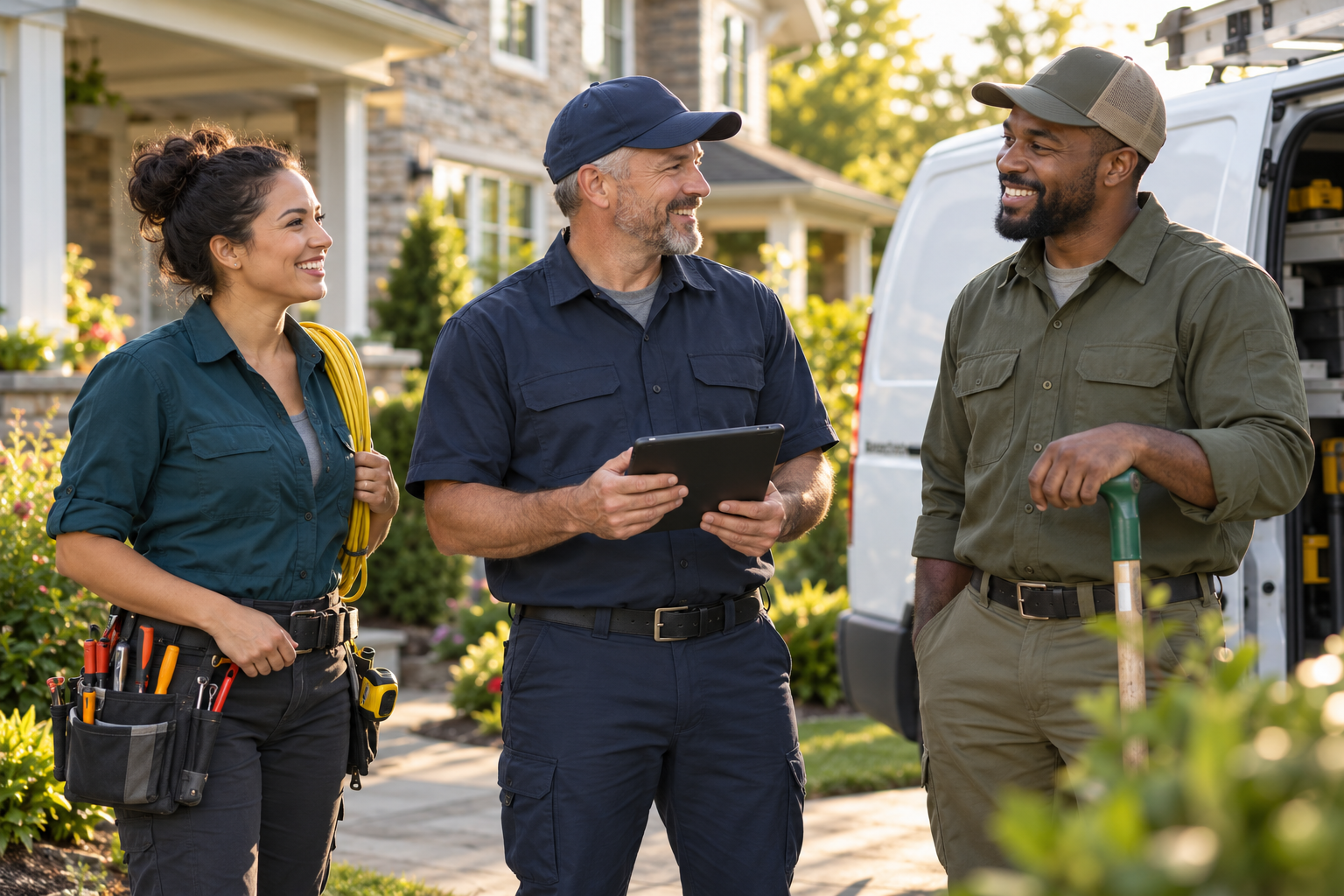 Three smiling trades professionals sharing a moment beside a service van