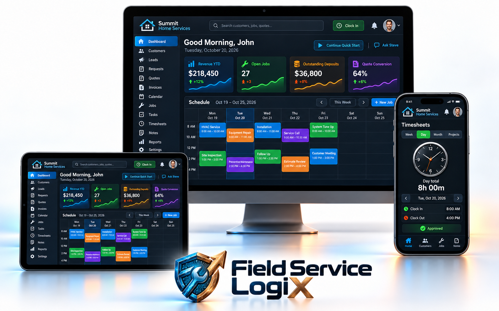 Field Service LogiX promotional preview: dashboards and schedules on desktop and tablet, with the daily timesheet and analog clock on a phone.